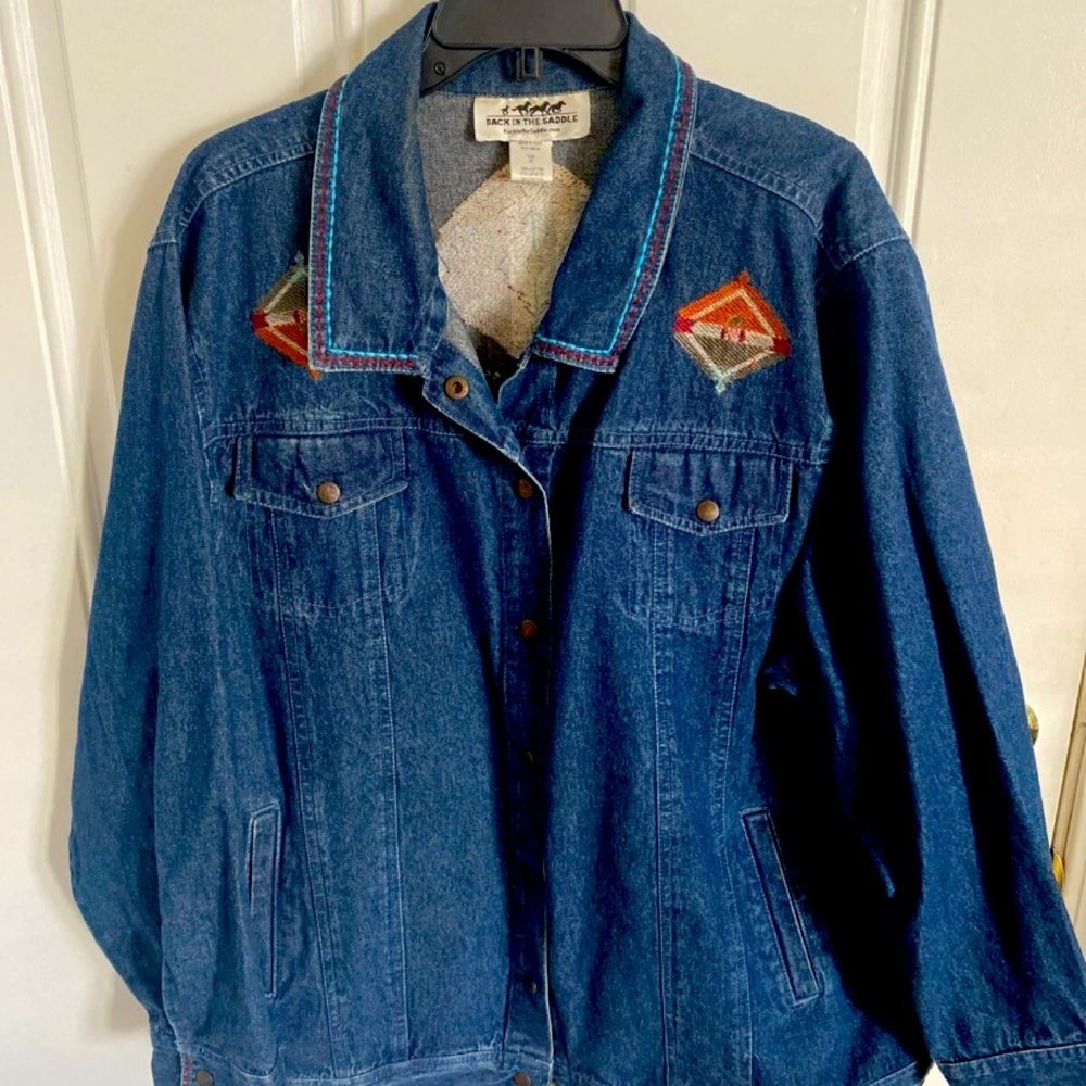 Back in the Saddle Denim Jean Womens Snap Western Aztec Embroidered Sz 2X Jacket